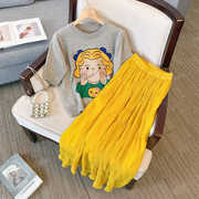 卡通印花针织短袖T恤高腰黄色中长裙女夏季时尚显瘦两件套装