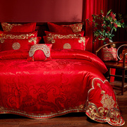 高端刺绣结婚床单四件套纯棉大红色，龙凤新婚房布置结婚礼物送新人