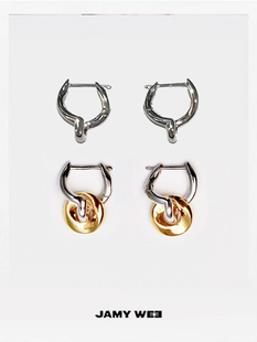 JAMY WEE原创设计 925银镀白金穿莫斯比环吊坠情侣可拆卸扭转耳环