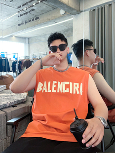 夏季砍袖男士韩版流行字母印花宽松运动背心青年圆领无袖T恤