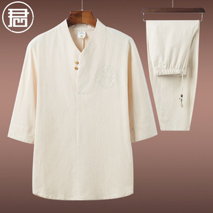 纯棉中国风男装七分袖套装，青年佛系中式禅意，茶服禅修服居士服夏装