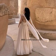 埃及迪拜沙漠旅游度假长裙女雪纺杏色海边沙滩裙子无袖露背连衣裙