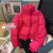 玫红色立领短款面包服女潮冬季2023时尚甜美百搭洋气棉服外套