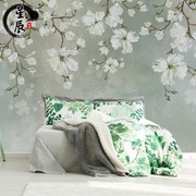 新中式电视背景墙纸客厅沙发卧室花卉影J视墙布现代简约木槿花壁