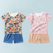 儿童短袖套装纯棉夏季薄款男宝宝，tt恤短裤两件套女童洋气卡通上衣