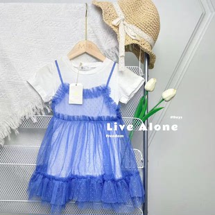 2023夏装套装网纱裙女宝蓝色时髦裙子女童公主裙连衣裙两件套