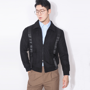 川泽男士黑色短款夹克韩版修身织带工装外套，秋季仿麂皮绒休闲上衣