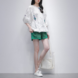 阔腿短裤套装女夏2023韩版白色印花圆领时尚显瘦雪纺衫两件套