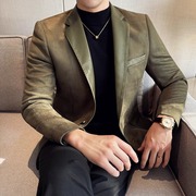 高级感麂皮绒西服男m冬季韩版加厚拼接修身皮领休闲小西装外