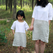 2021夏季薄款亲子裙F2138  简约休闲纯亚麻母女装 白色拼色连衣裙