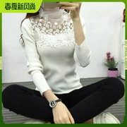 高领蕾丝针织上衣套头短款修身长袖打底衫毛衣性感镂空打底针织衫