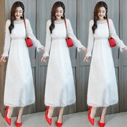 秋装女2021白色，修身秋冬裙子气质加绒加厚长袖，雪纺连衣裙长裙