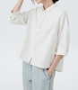 斯琴2022夏棉质(夏棉质，)白色条纹，翻领单排扣八分袖衬衫bbxs05001828
