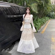 云南波西米亚风套装女夏蕾丝流苏吊带上衣开衫网纱长裙三件套大理