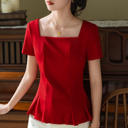 法式裙摆上衣遮肚子夏季2024方领短袖女收腰洋气掐腰红色小衫