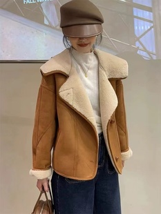 韩版麂皮绒短款翻领皮毛一体羊羔，毛外套(毛外套，)女2023冬装加厚机车服上衣