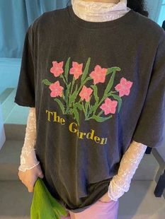 H06530667 韩版24春复古童趣可爱撞色花朵印花圆领短袖T恤