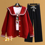 单套装女装少女学生装，新年战袍娃娃，领开衫外套针织红色毛衣外套