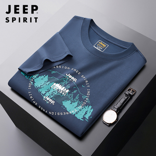 jeep短袖t恤男夏季圆领，宽松半截袖上衣中年，男式品牌休闲运动体恤