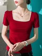 法式珍珠拼接方领短袖T恤女泡泡袖复古2023夏季修身纯色上衣