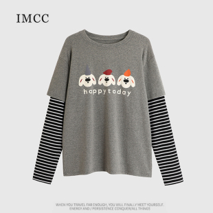imcc设计感小众减龄小狗印花假两件条纹长袖，t恤女宽松打底衫上衣