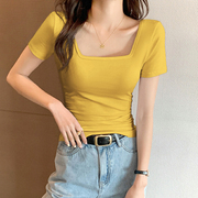 姜黄色短袖t恤女修身方领露锁骨纯色上衣纯棉打底衫正肩半袖夏季