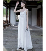 夏季纯棉双层大摆连衣裙吊带裙，外穿显瘦风琴褶皱高个子(高个子)白色长裙子