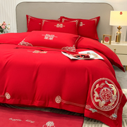 中式婚庆加厚磨毛床上用品四件套大红色喜庆被套婚嫁婚房床单床笠