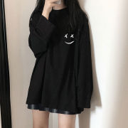 纯棉长袖t恤女春季2023学生韩版宽松中长款黑色显瘦简约百搭