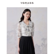 100桑蚕丝VGRASS大气素描中国牡丹花型七分袖衬衫24年夏季