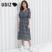 UGIZ夏季韩版女装中长款V领荷叶袖雪纺连衣裙女UBOE305