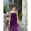 三个裁缝 梦幻紫 法式收腰显瘦纯色褶皱吊带连衣裙女夏