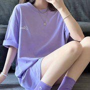 休闲夏季女装2024韩版大码，宽松百搭短袖紫色，t恤女上衣ins