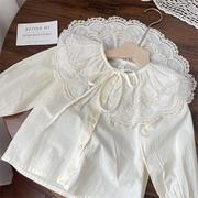 女童春季衬衫2024韩版洋气，纯棉女宝宝双层蕾丝，领公主长袖上衣