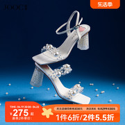jooc玖诗夏季珍珠方头，一字带凉鞋，女粗高跟鞋露趾女鞋6172