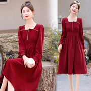 秋季中年女装时尚韩版妈妈裙子，高腰酒红色黑色，长袖中长裙连衣裙