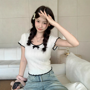 夏季清纯时尚少女短袖 纯欲设计感蝴蝶结女装上衣 透气舒适显身材
