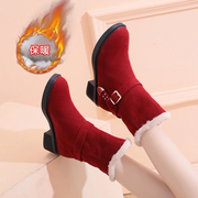 雪地靴子女2023冬季加绒棉鞋保暖红色，中筒靴粗跟短靴女靴棉靴
