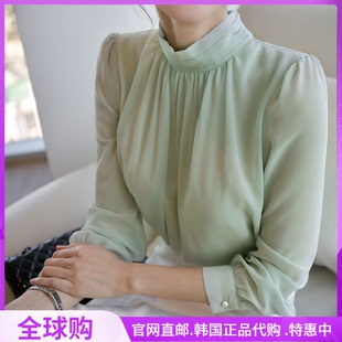 薄荷绿色衬衫气质女韩国2023春装，优雅套头白纯色(白纯色)雪纺上衣