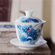 宝合琳功夫茶套装陶瓷手绘荷花茶具盖碗青花骨瓷个人品茗茶杯茶碗