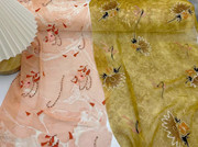 印度进口粉色水墨入秋黄亮珠珠，绣花化纤麻纱雪纺时装面料连衣裙