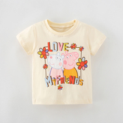 夏季女童花朵短袖t恤纯棉卡通猪可爱上衣，5岁儿童夏装体恤半袖打底