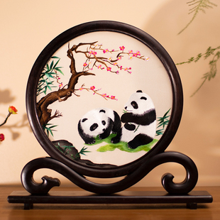 刺绣摆件手工双面苏绣摆台中国风工艺品小摆件新中式桌面熊猫
