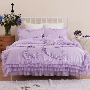 淑女屋床品粉紫色少女心七件套，蕾丝花边纯棉全棉夏季紫色带床裙款