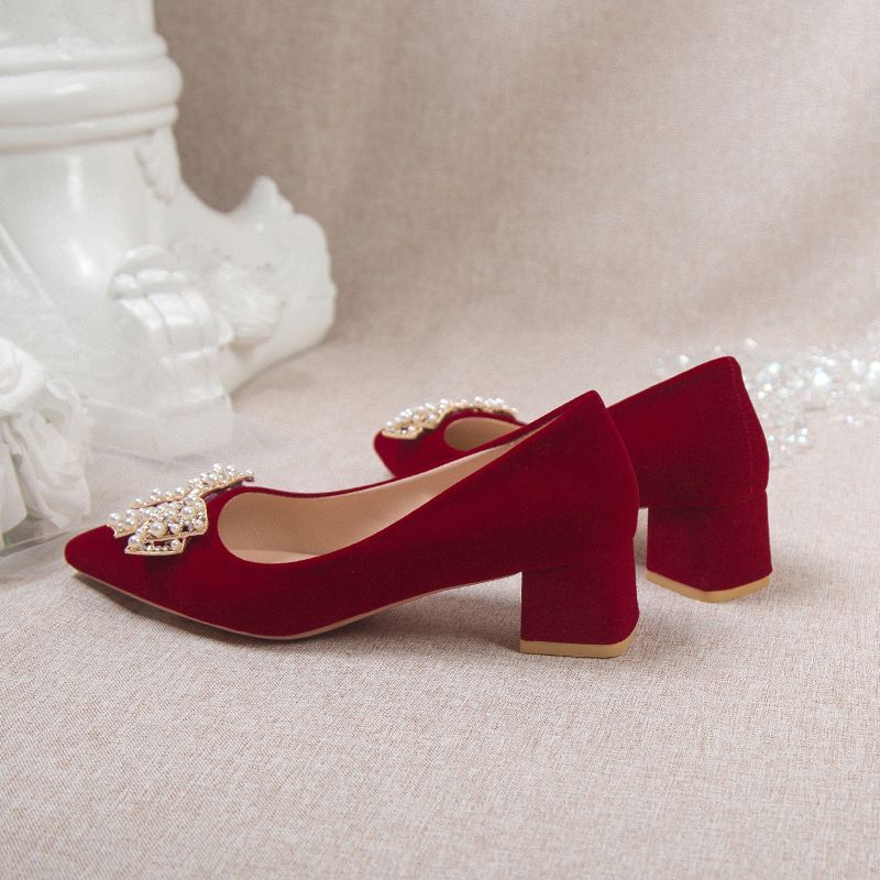 秀禾服敬酒婚鞋法式红色方跟低跟结婚鞋子粗跟订婚女新娘鞋不累脚