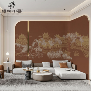 新中式大气清明上河图电视背景墙壁布壁纸玄关装饰环保无纺布壁画
