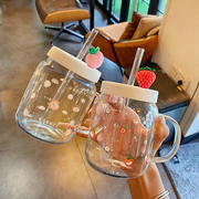 ins风杯子透明吸管，玻璃杯可爱女生夏季大容量，水杯带盖把手家用