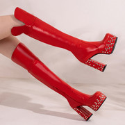 皮靴粗跟防水台高跟过膝长靴欧美性感长筒女红色靴子大码女靴 MW