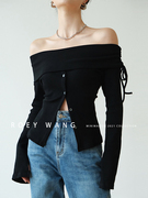 roeywang一字肩抽绳露肩性感，长袖羊毛针织衫女黑色通勤修身套头打