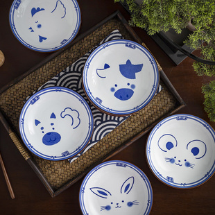 景德镇青花陶瓷十二生肖日式卡通可爱盘子创意，家用菜盘碗碟套装